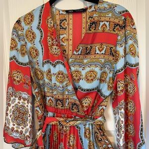 ZARA MULTICOLOURED RED PRINTED DRESS WITH PLEATED SKIRT 2195/389 SMALL